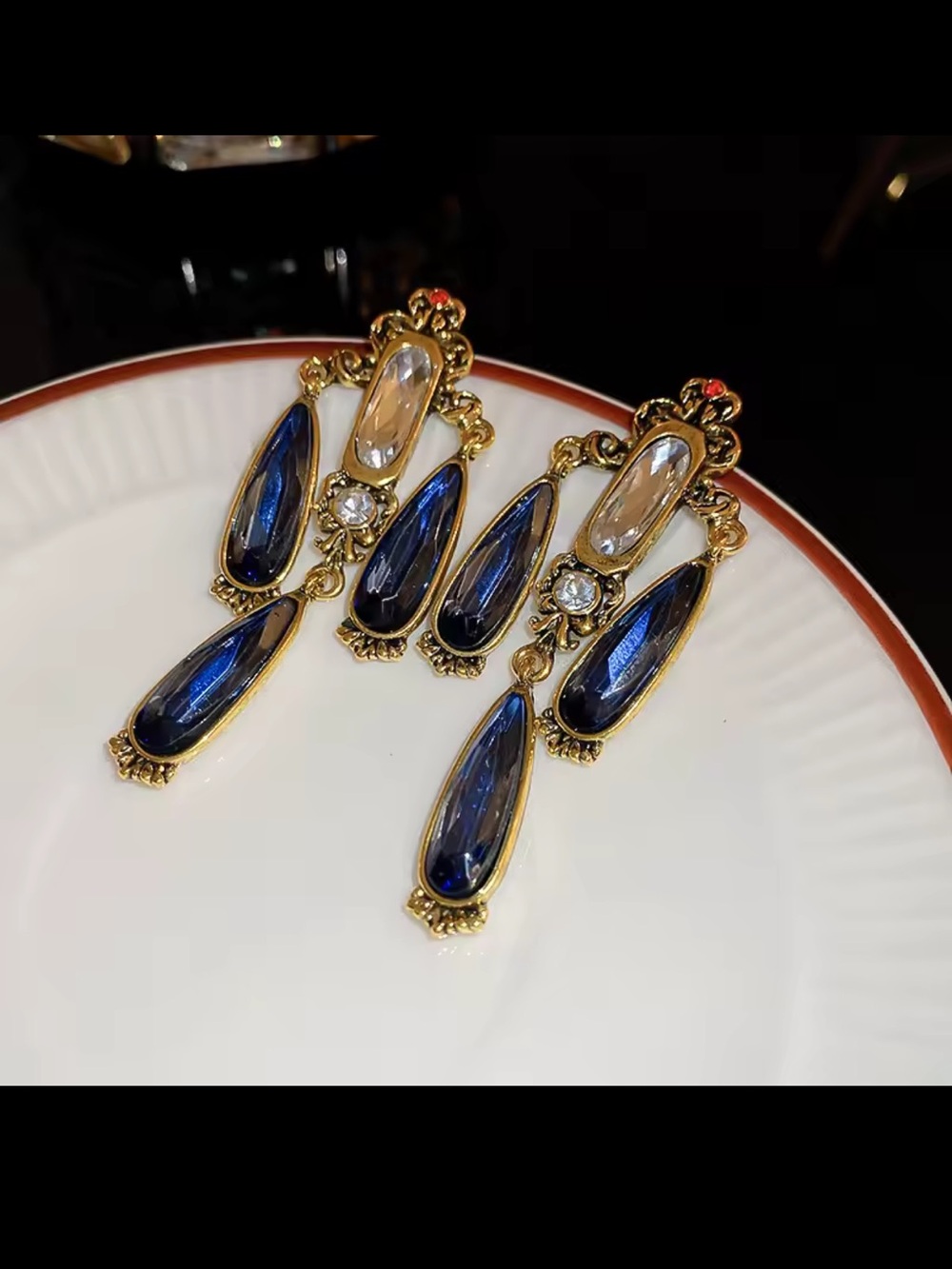 Gold-Tone Earrings with Deep Blue and Clear Stones - Picture 6 of 7